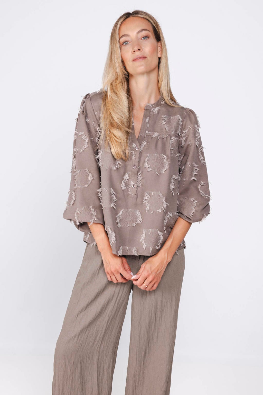 Poools jacquard blouse met print - taupe