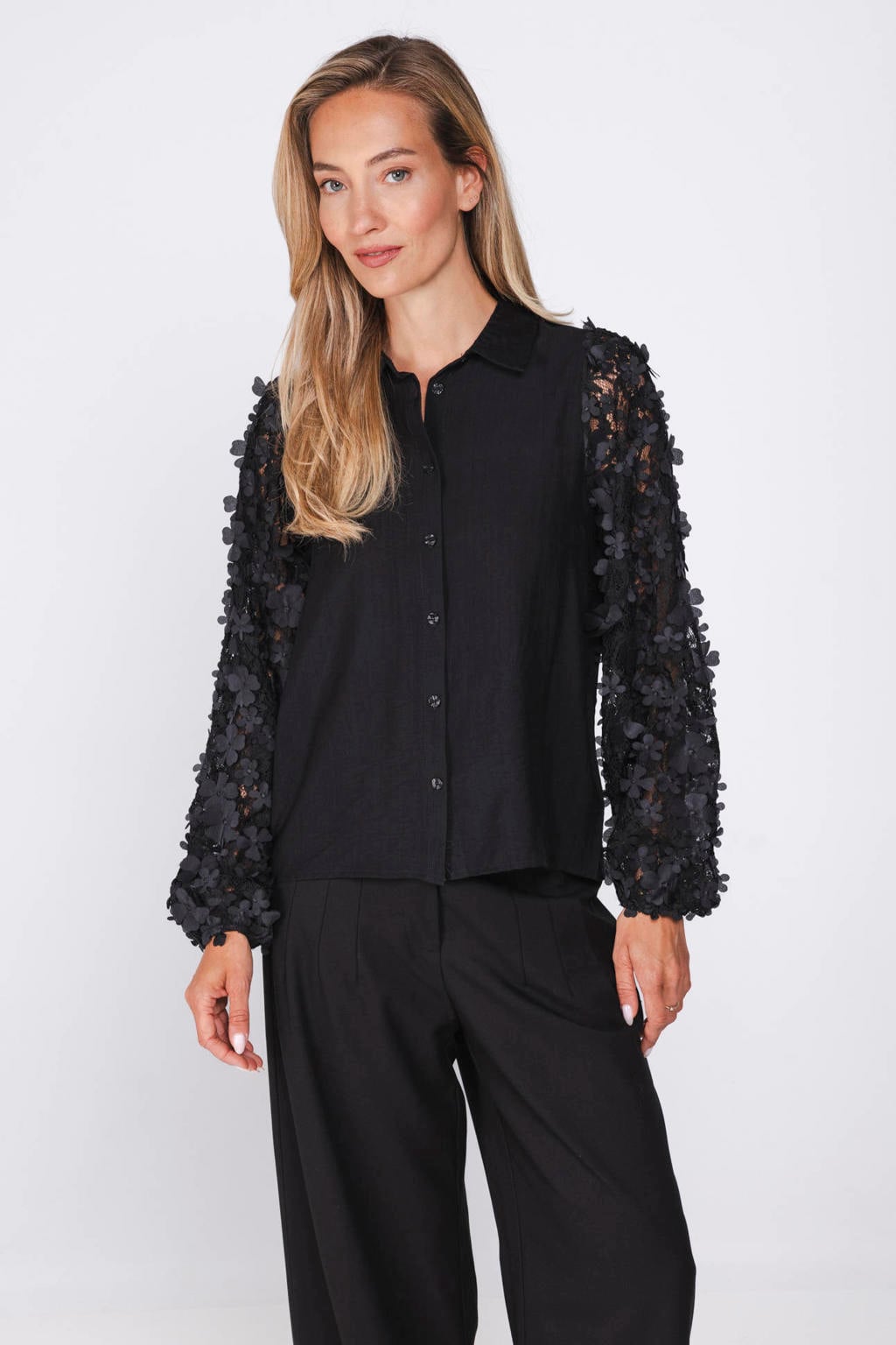 Zwarte dames Poools van viscose met effen, lange mouwen, klassieke kraag, knoopsluiting en 3D applicatie
