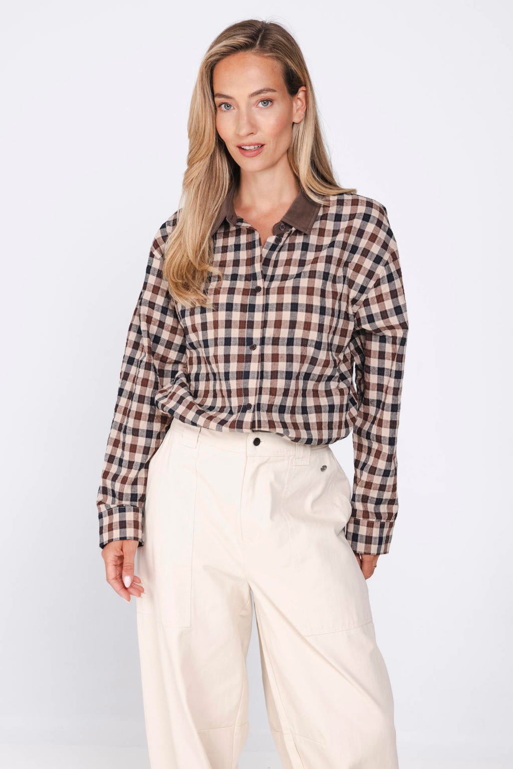 Bruine dames Poools van katoen met ruitenprint, lange mouwen, klassieke kraag en knoopsluiting