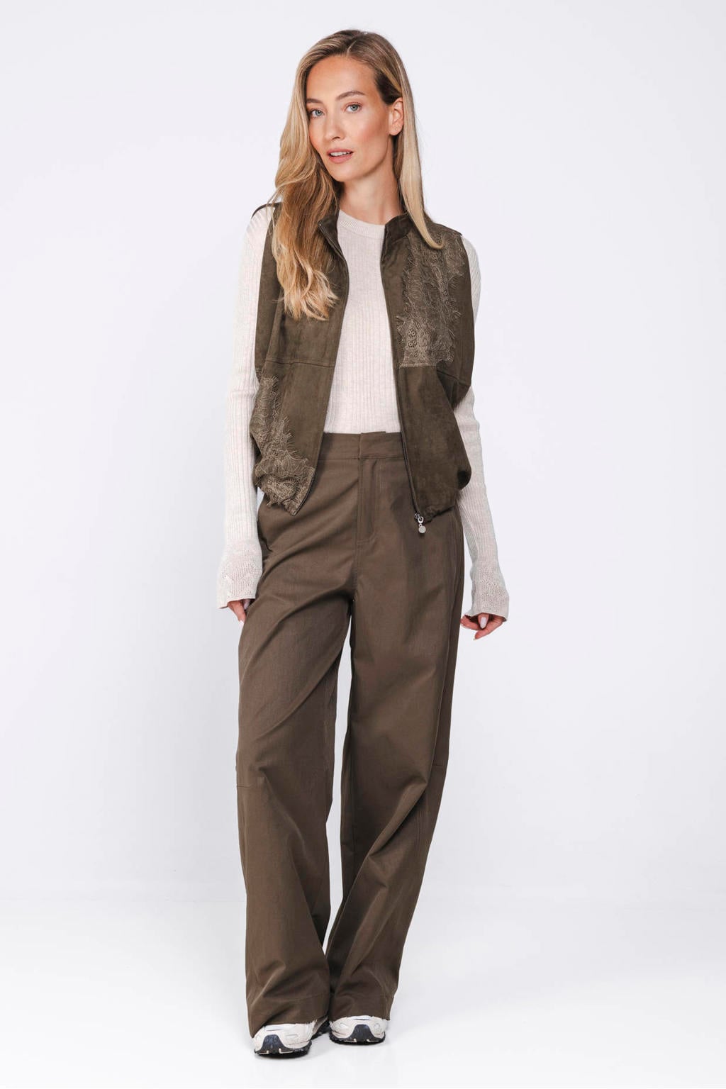 Donkergroene dames Poools gilet van polyester met effen, opstaande kraag, ritssluiting en kant