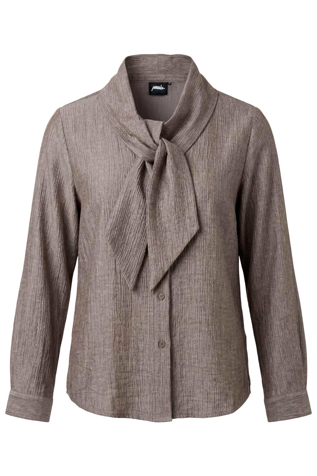 Taupe dames Poools blouse van viscose met effen, lange mouwen, sjaalkraag en knoopsluiting