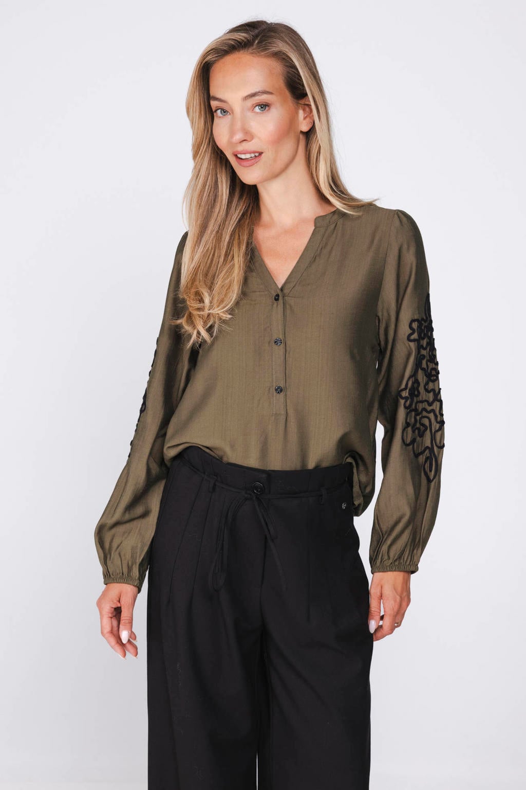Donkergroene dames Poools van viscose met effen, lange mouwen, V-hals en borduursels