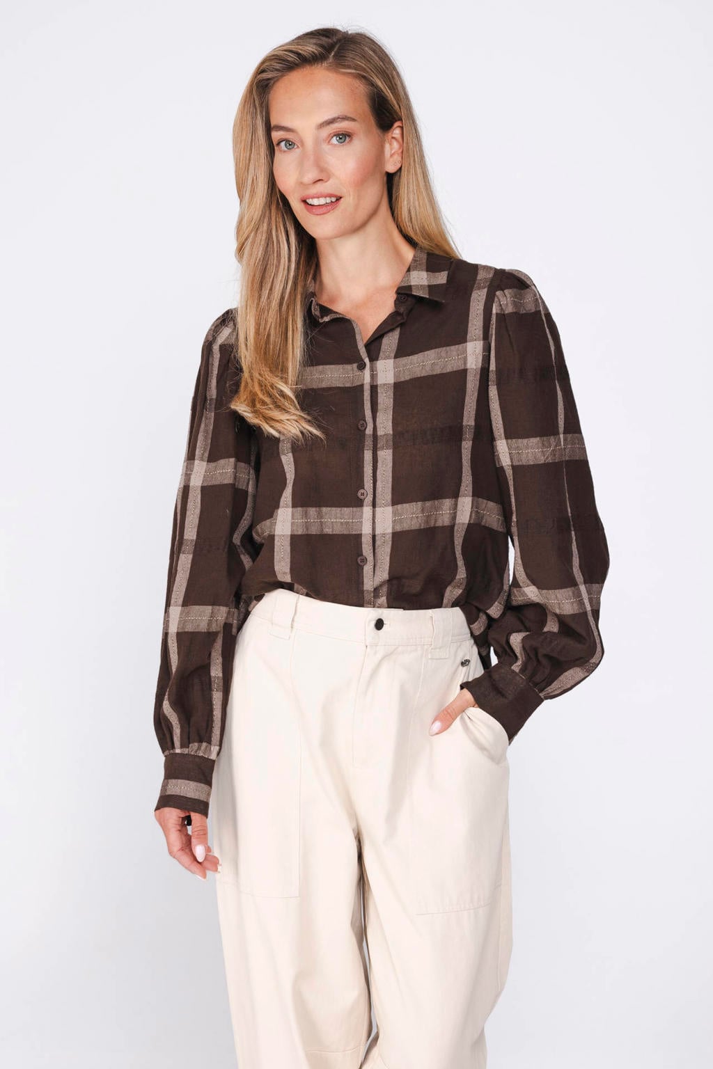 Bruine dames Poools van katoen met ruitenprint, lange mouwen, klassieke kraag en knoopsluiting