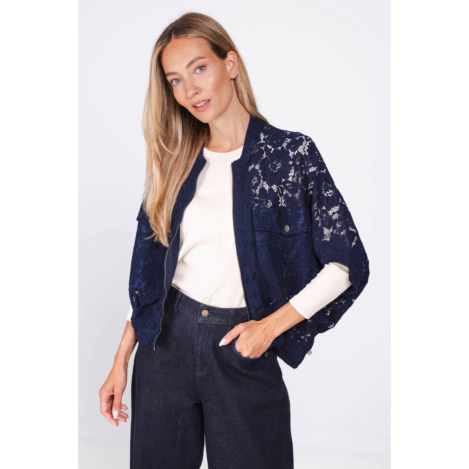 Poools kanten bomberjack donkerblauw
