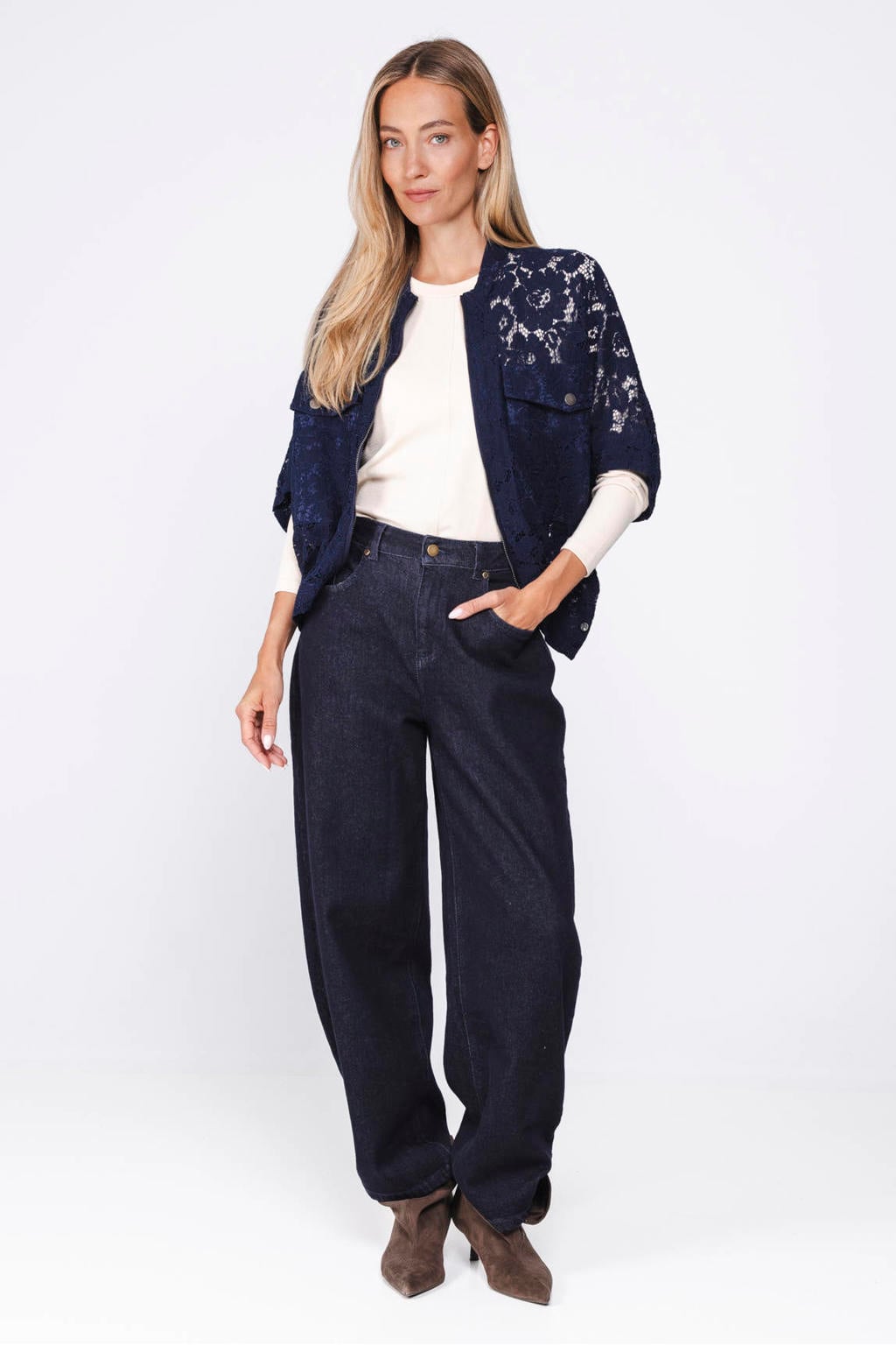 Poools kanten bomberjack - donkerblauw