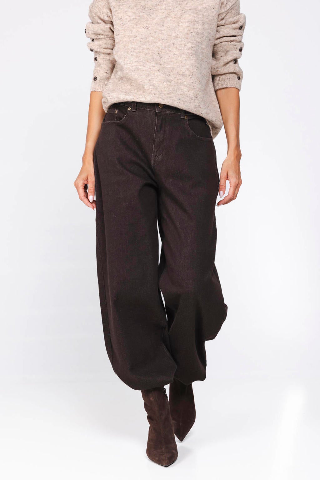 Bruine dames Poools van denim met regular waist, rits- en knoopsluiting en effen