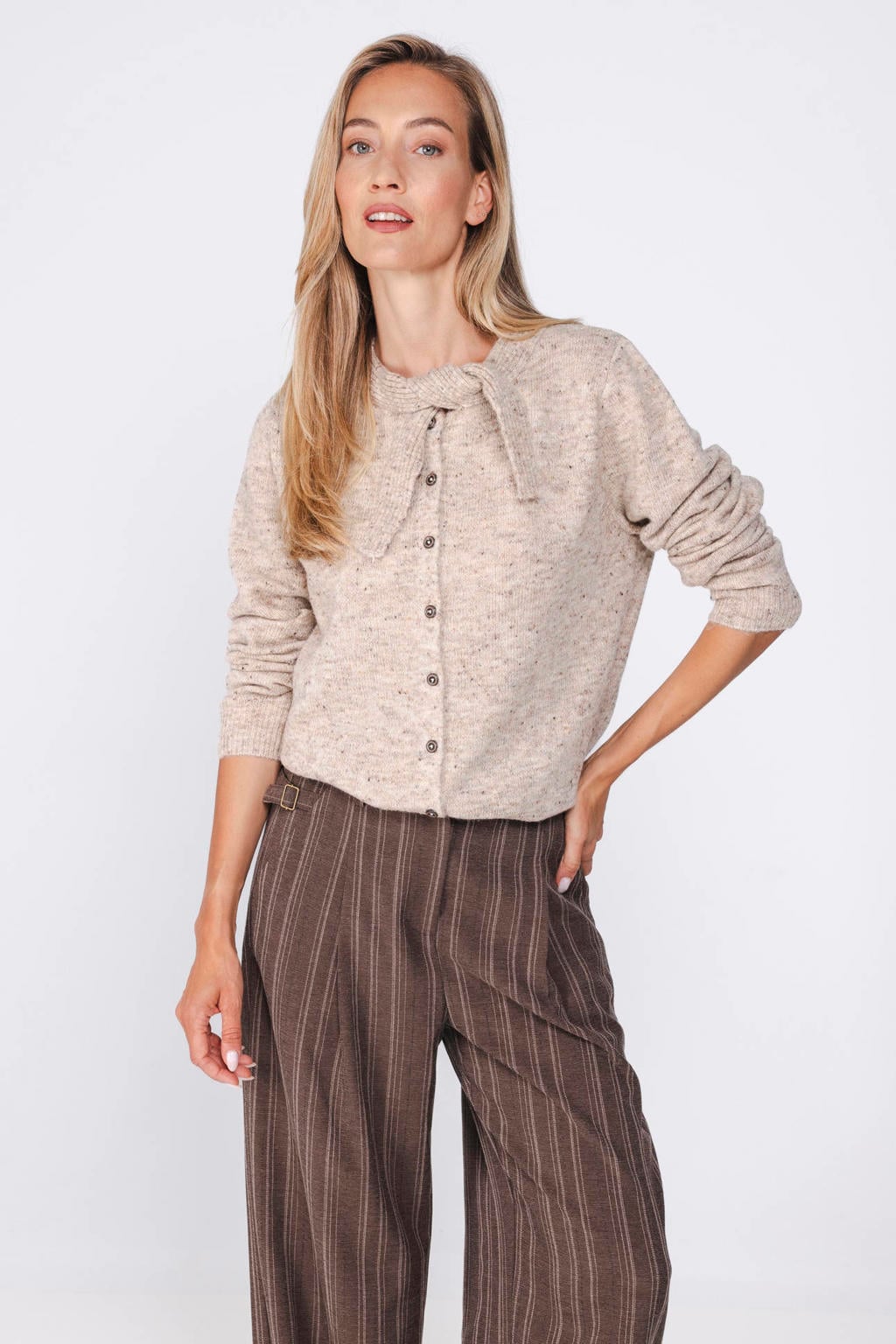 Beige dames Poools van polyester met effen, lange mouwen, sjaalkraag en knoopsluiting