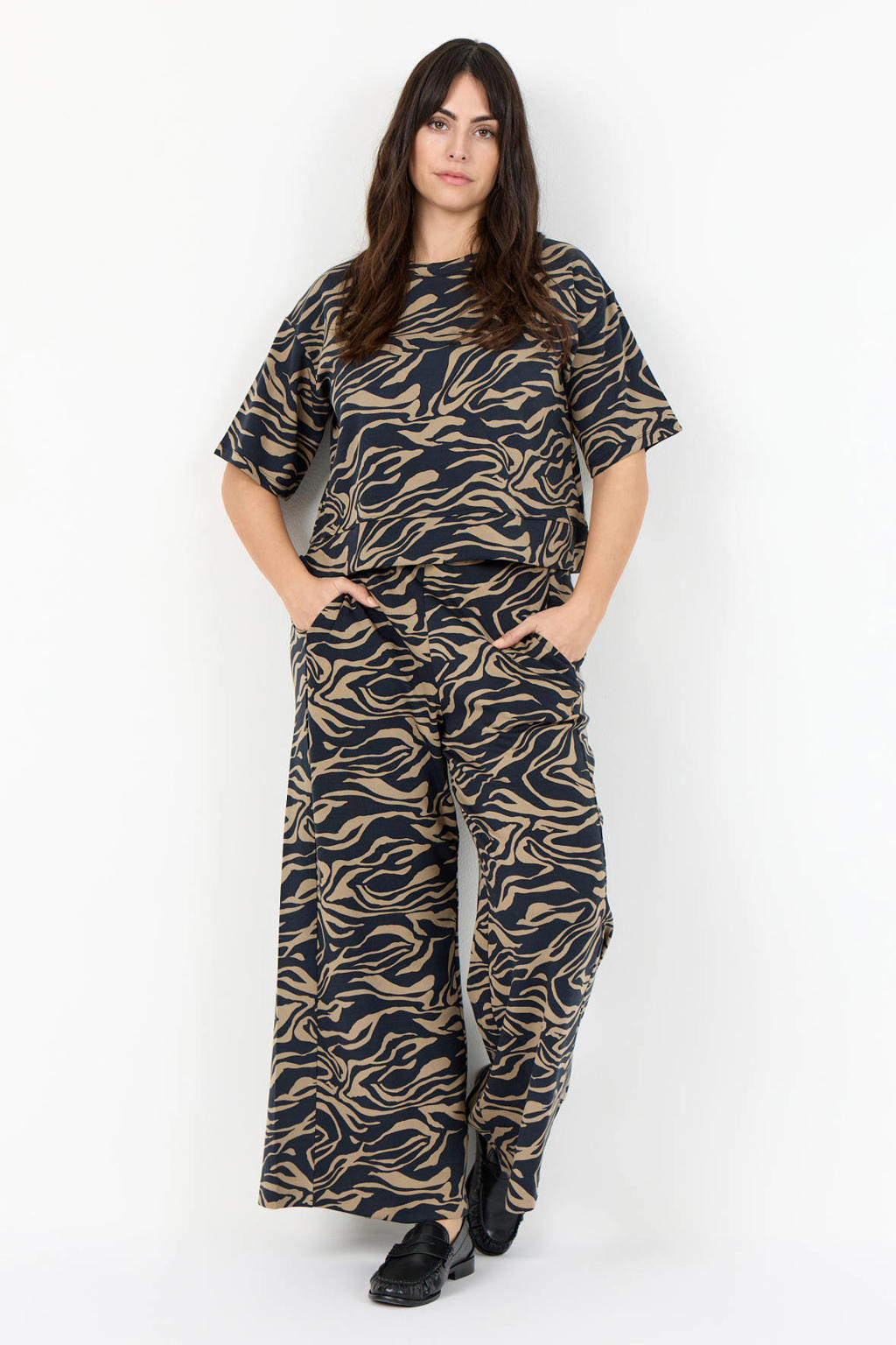 Wasabiconcept Plus Size top met print - donkerblauw/beige