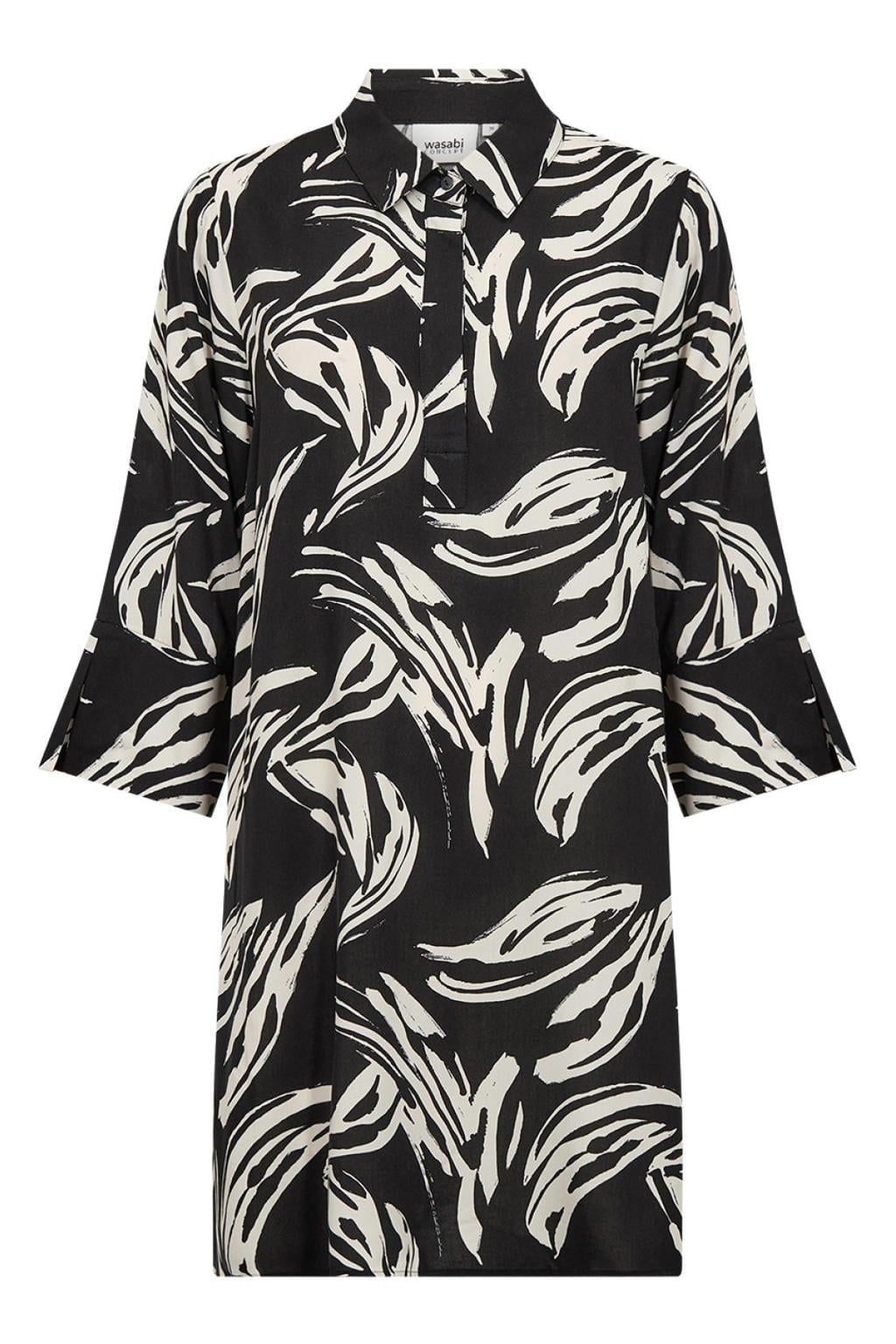 Zwarte dames Wasabiconcept tuniek Plus Size van viscose met driekwart mouwen, klassieke kraag en knoopsluiting