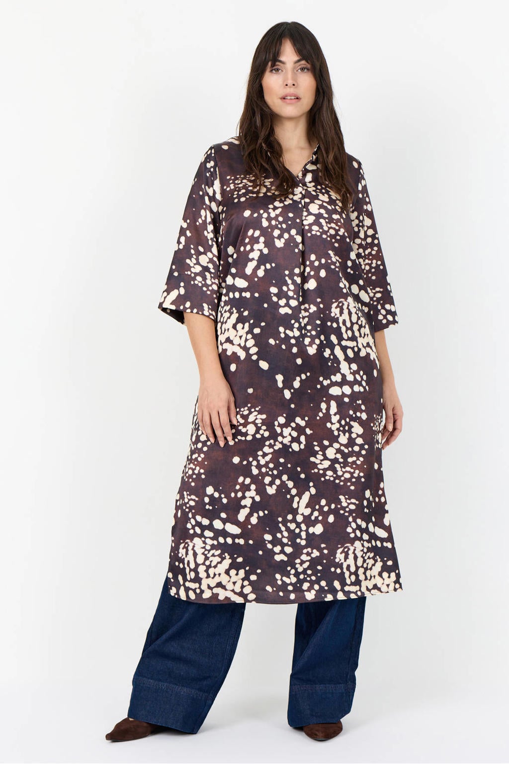 Bruine dames Wasabiconcept midi jurk Plus Size van polyester met korte mouwen, klassieke kraag en knoopsluiting
