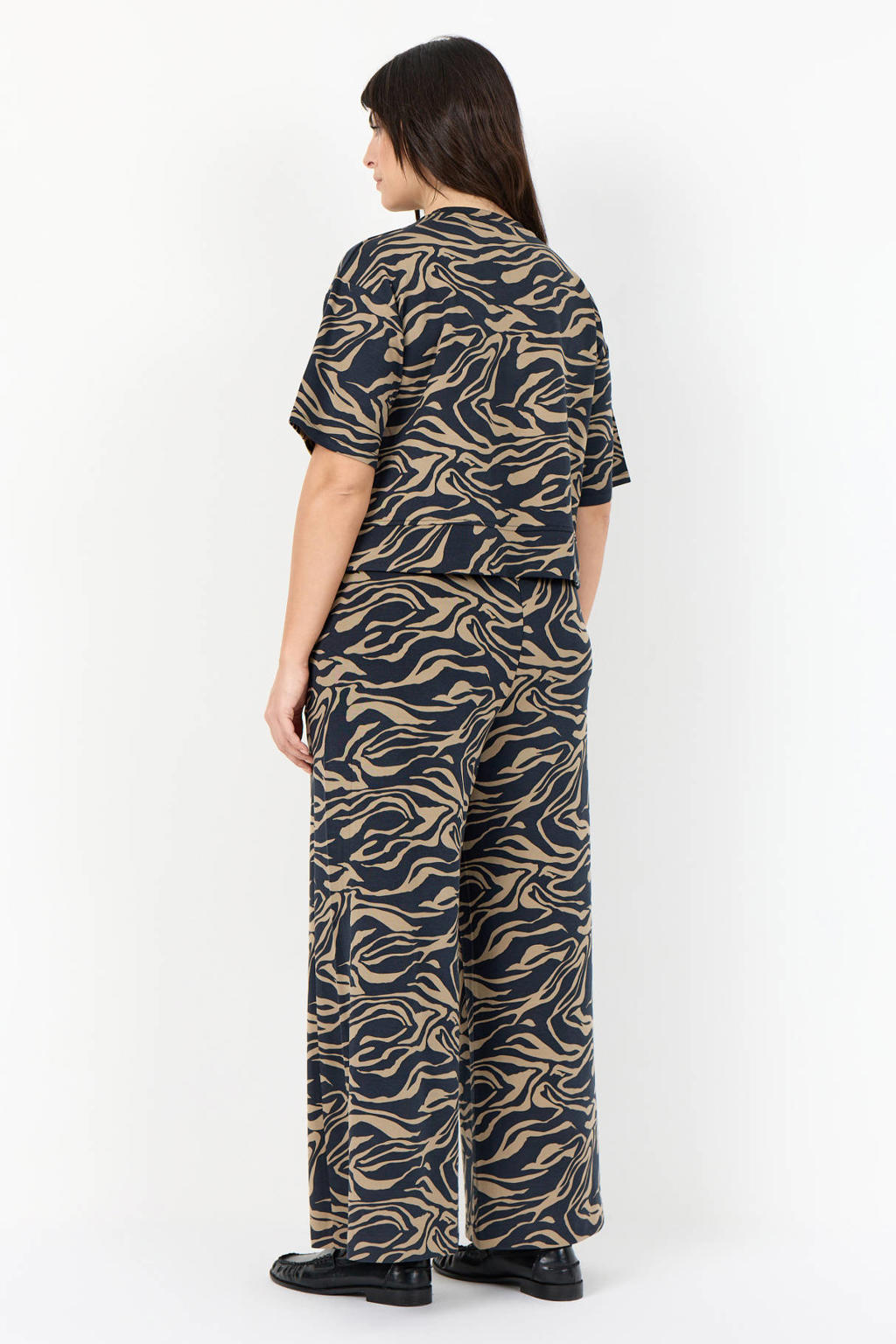 Wasabiconcept Plus Size wide leg casual broek met print - donkerblauw/beige