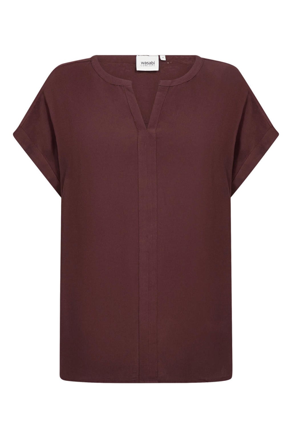 Bruine dames Wasabiconcept top Plus Size van viscose met effen, korte mouwen en klassieke kraag