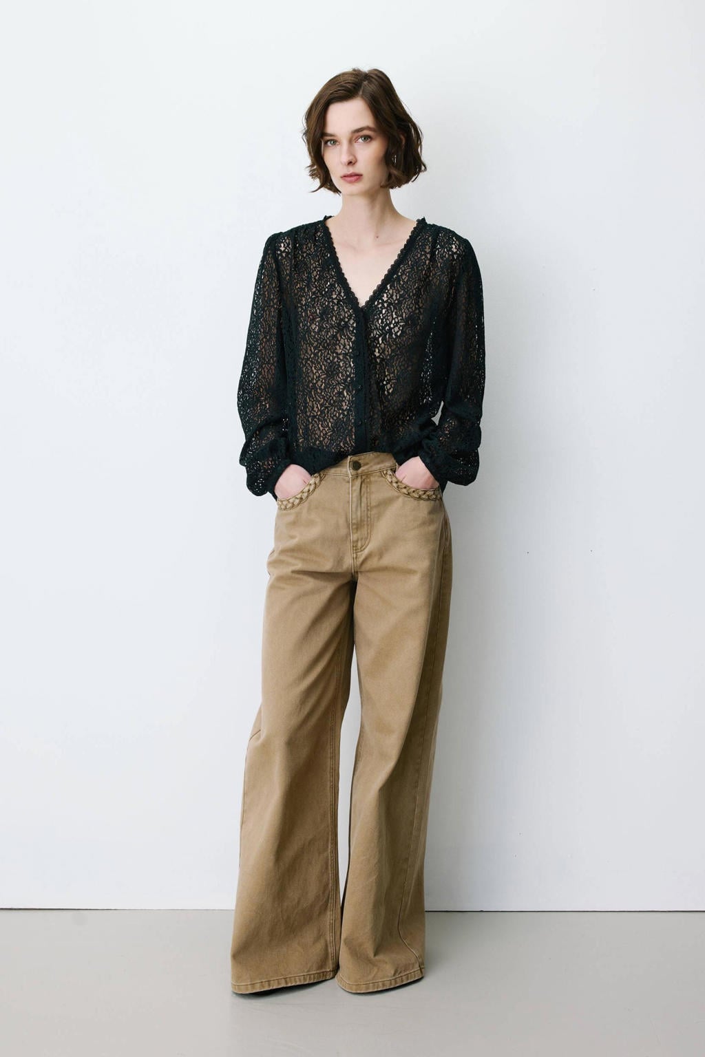Camelkleurige dames Grace & Mila flared jeans van denim met high waist, rits- en knoopsluiting en effen