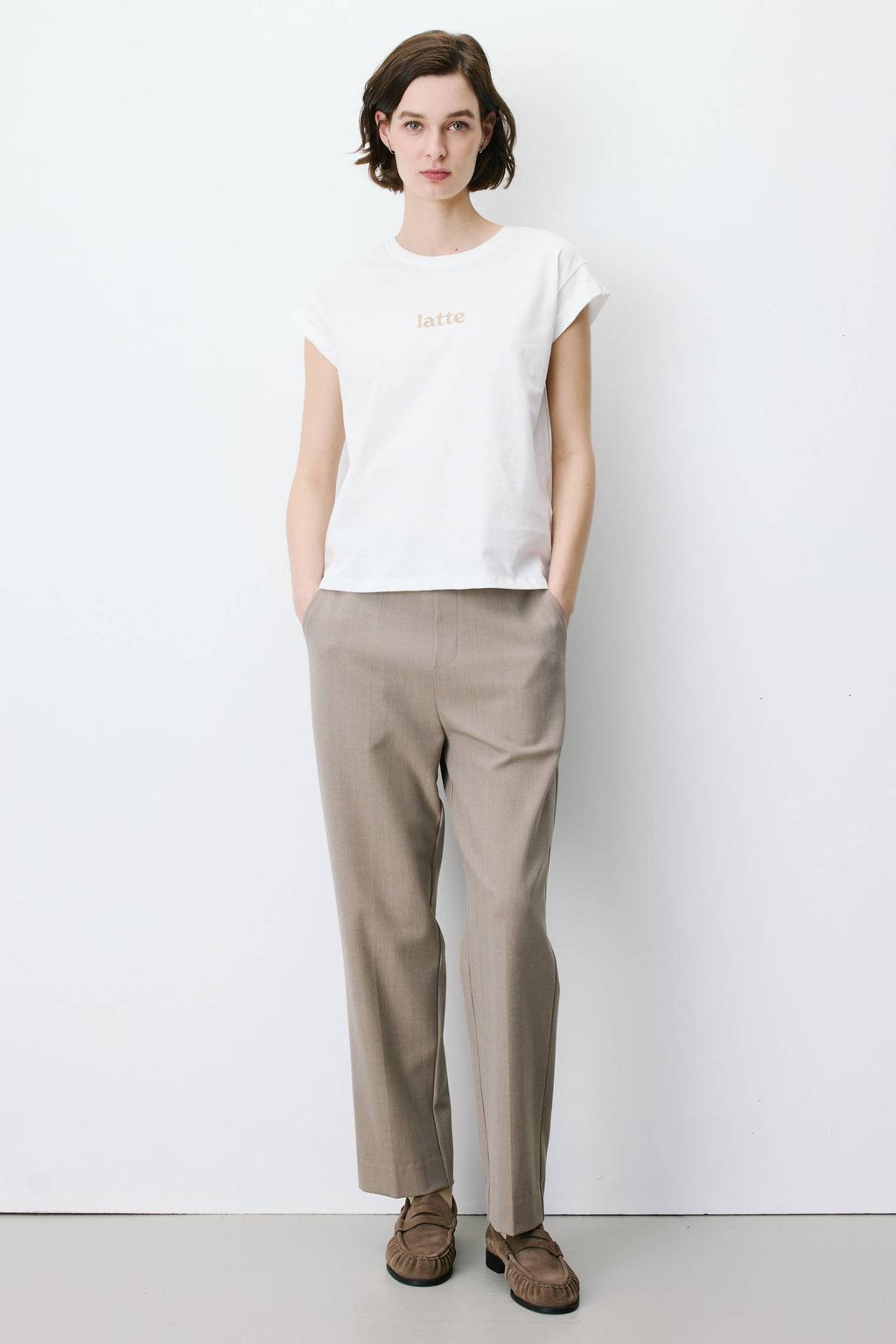 Ecru dames Grace & Mila T-shirt van katoen met tekst print, korte mouwen en ronde hals
