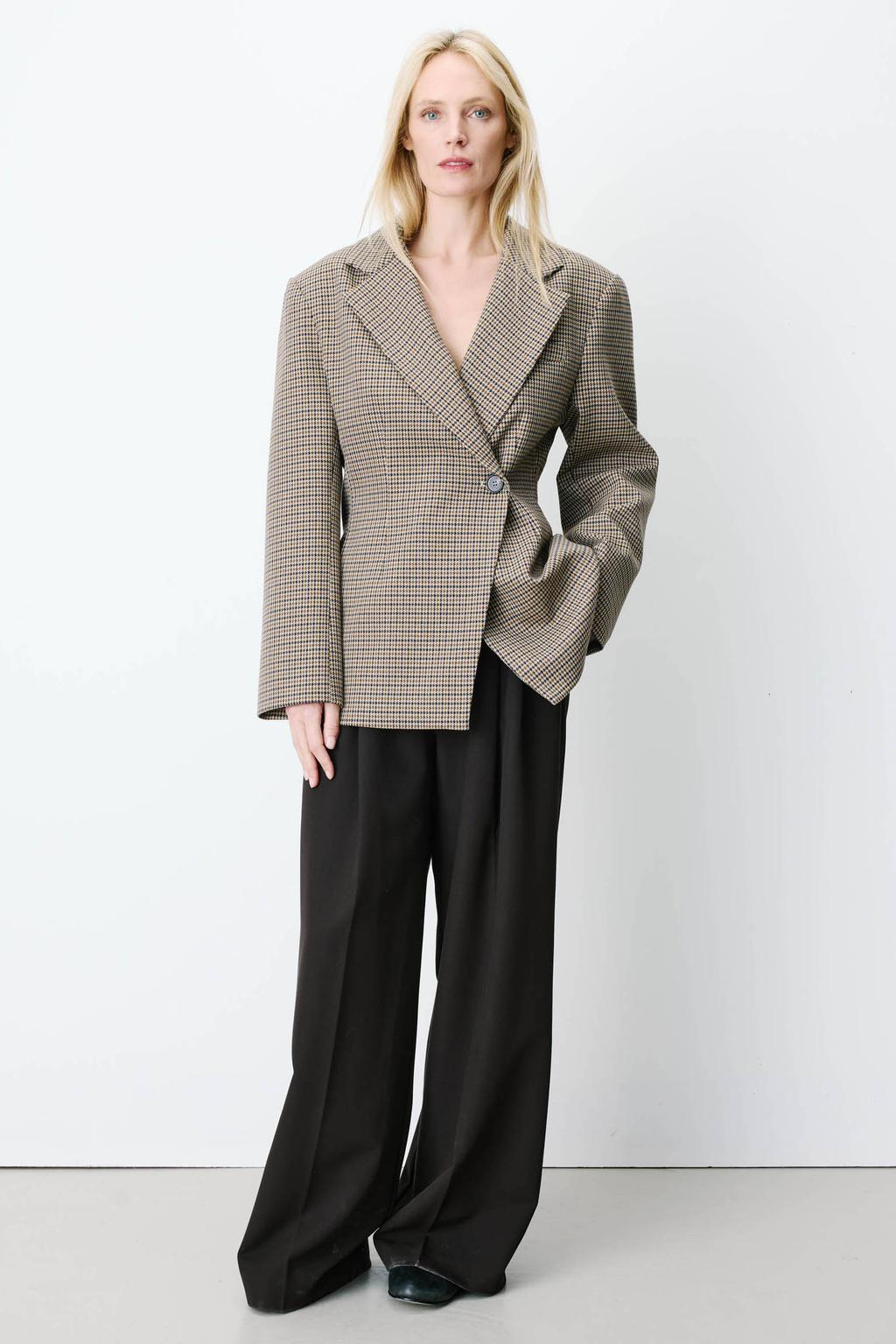 Beige dames Grace & Mila getailleerde geruite blazer van polyester met lange mouwen, reverskraag en knoopsluiting
