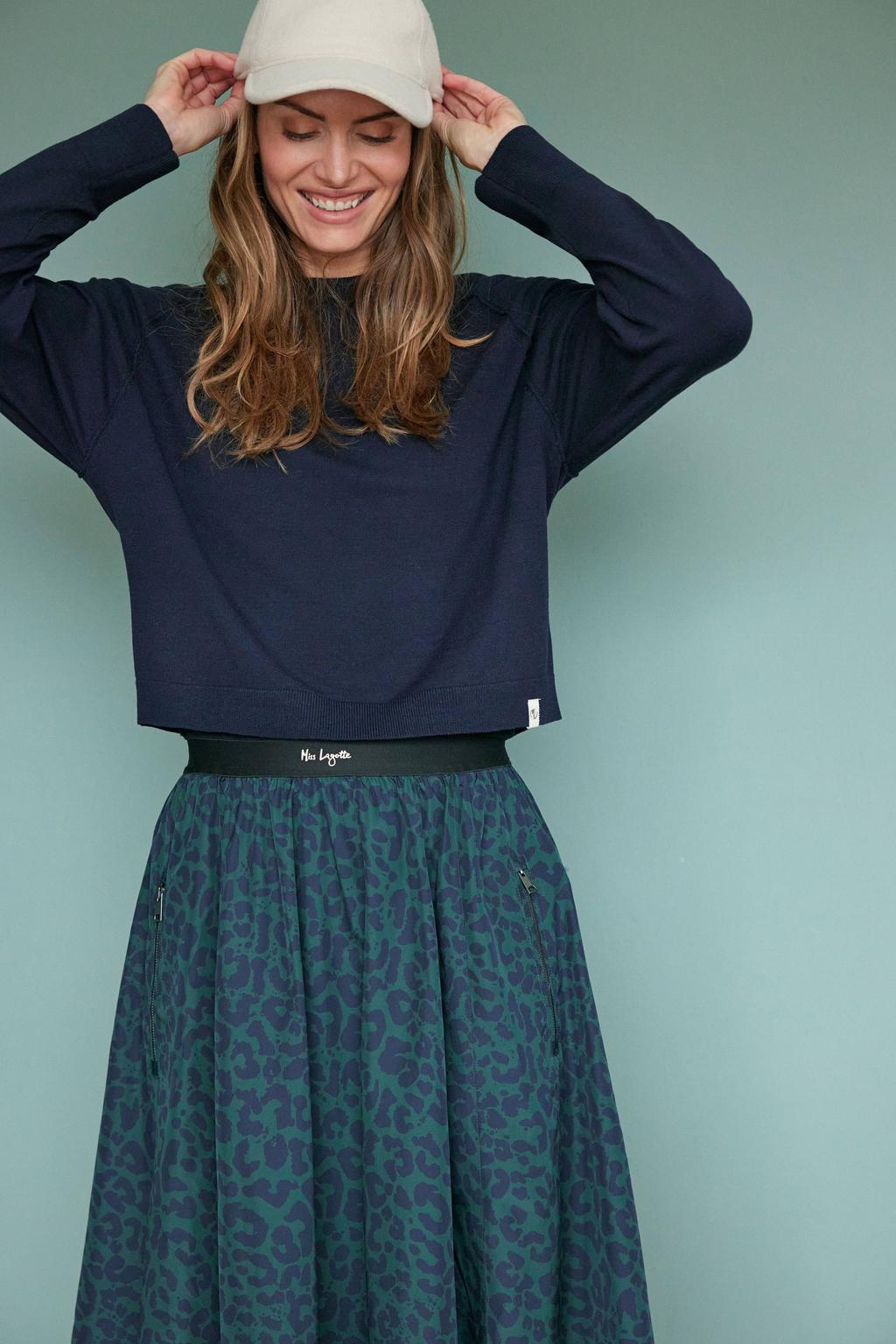 Groen en donkerblauwe dames Miss Lagotte midi rok met panterprint voorzien van