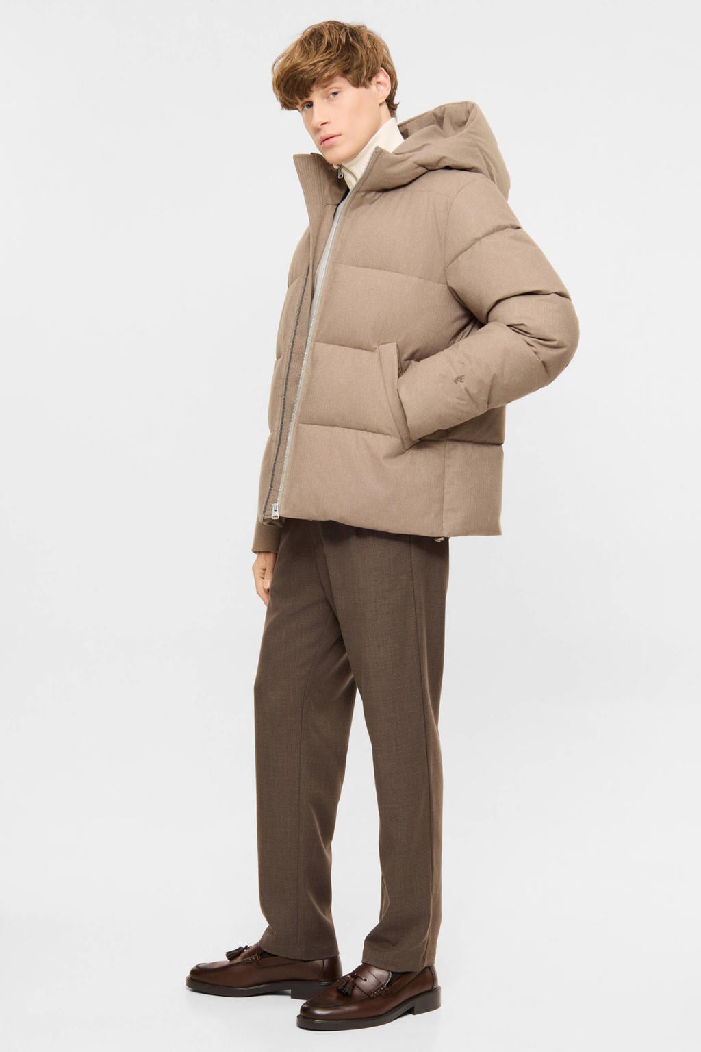 Beige heren Elvine pufferjas van polyester met effen, lange mouwen, capuchon, rits met windvanger en doorgestikte details