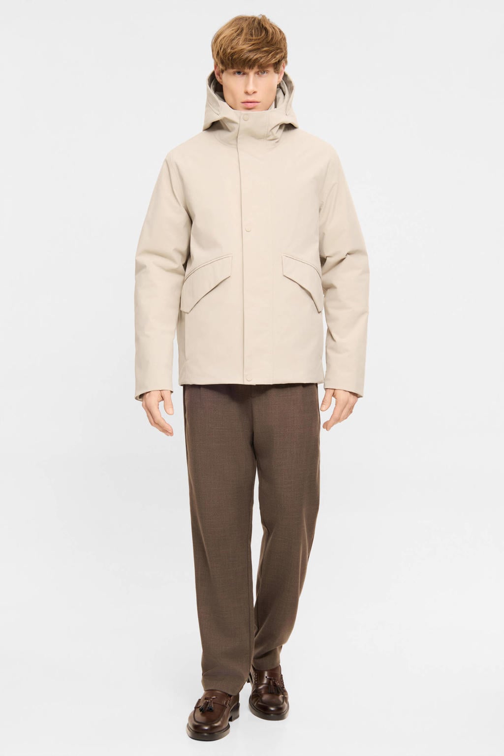 Beige heren Elvine winterjas van polyester met effen, lange mouwen, capuchon en rits met windvanger