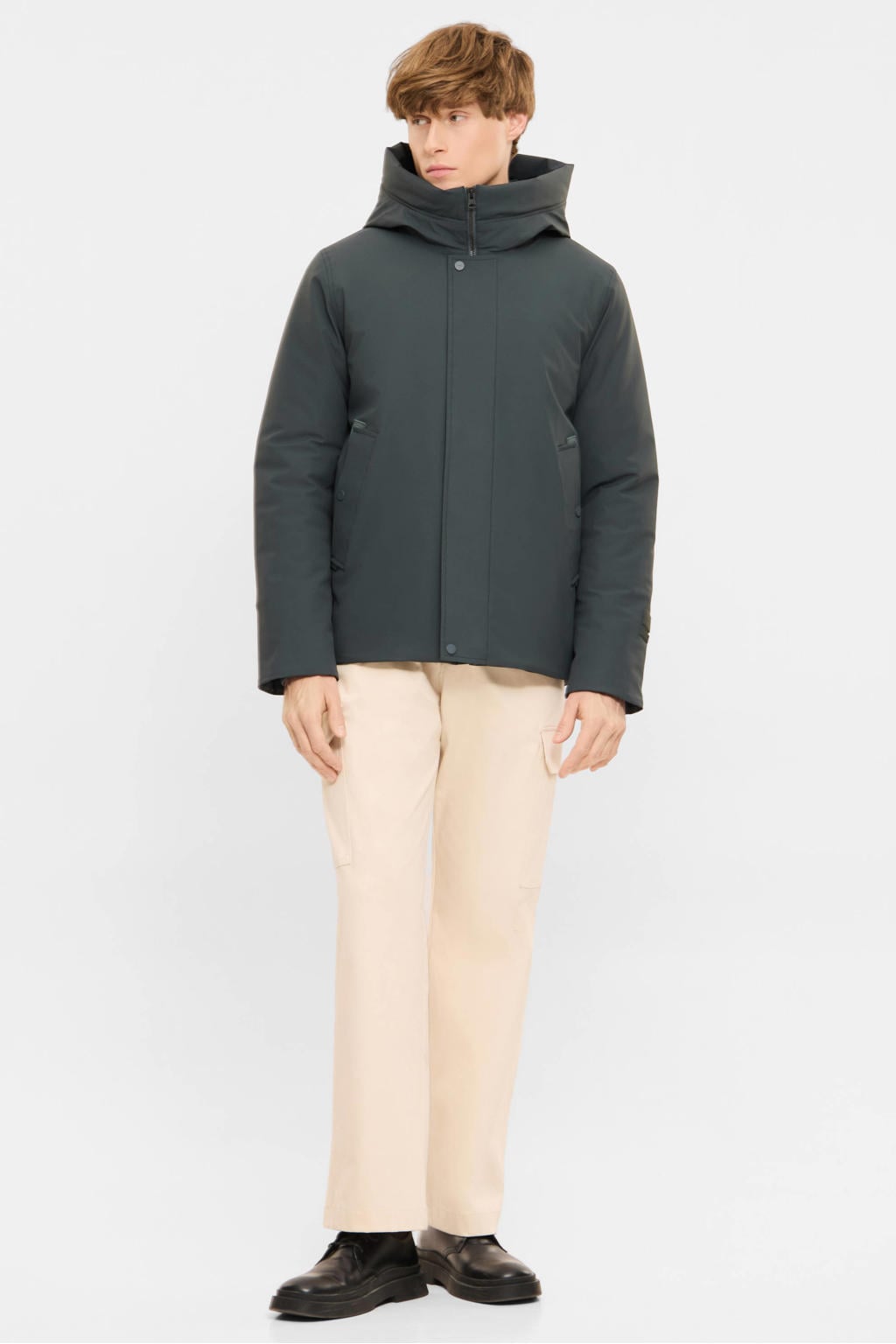 Donkergroene heren Elvine winterjas van polyester met effen, lange mouwen, capuchon en rits met windvanger