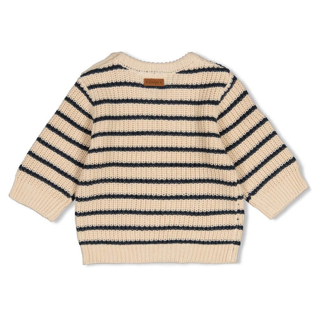 Ecru en donkerblauwe jongens en meisjes Feetje gebreide trui Winter Denims van katoen met strepenprint, lange mouwen, ronde hals en knoopsluiting