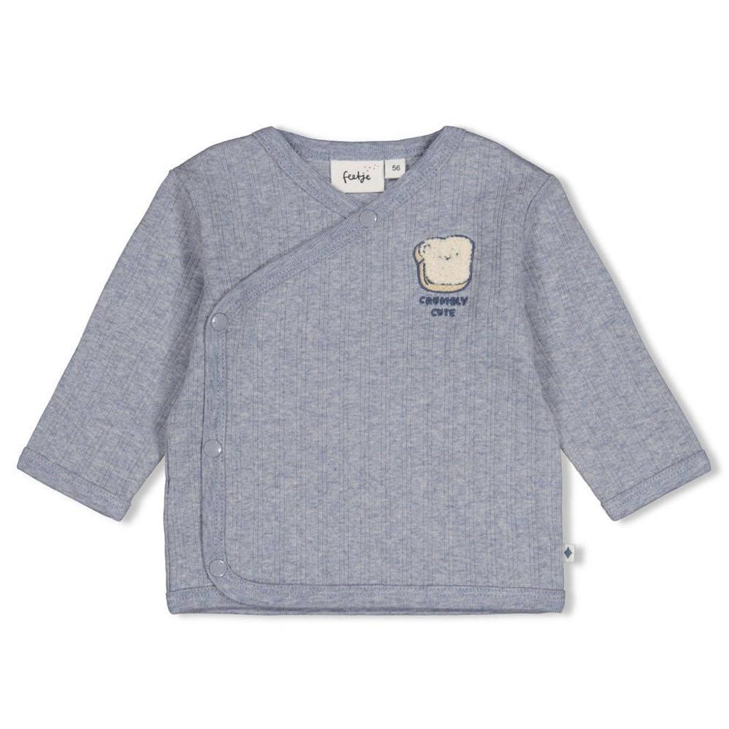 Blauwe jongens Feetje longsleeve Breakfast Buddy van stretchkatoen met effen, lange mouwen, V-hals, drukknoopsluiting en overslag detail