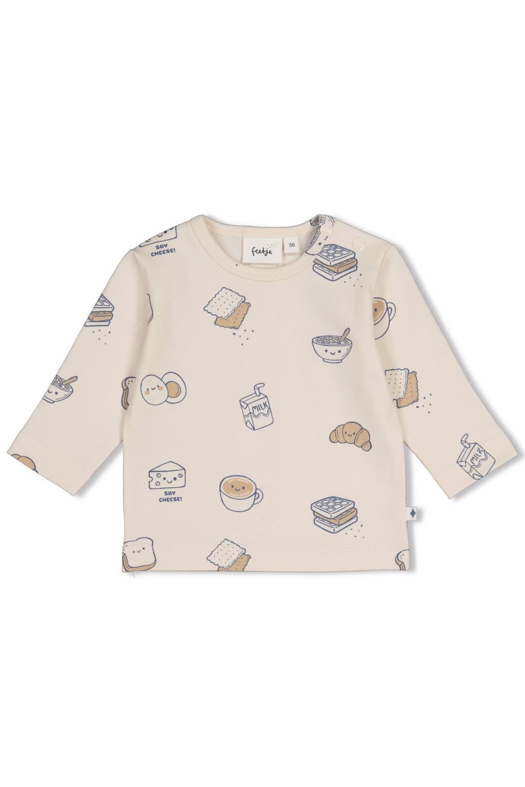 Crème, creme en bruine jongens Feetje aansluitende longsleeve crème van stretchkatoen met lange mouwen, ronde hals en drukknoopsluiting