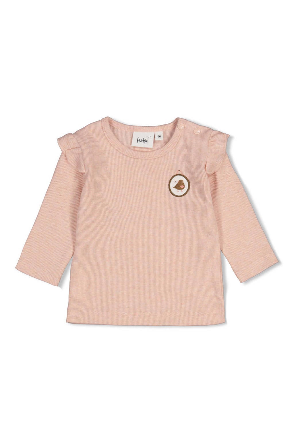 Lichtroze meisjes Feetje longsleeve Fall in Love met lange mouwen, ronde hals, drukknoopsluiting en ruches
