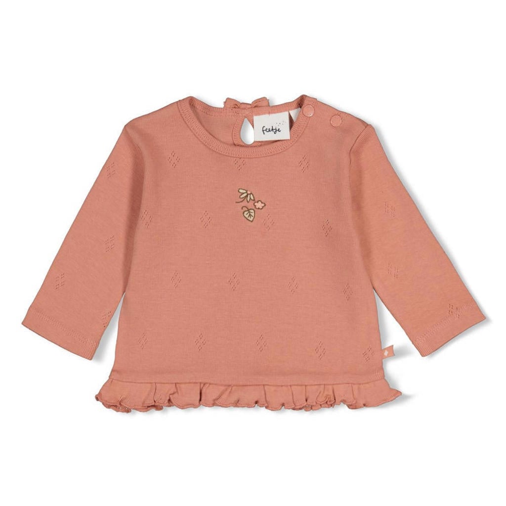 Zalmkleurige meisjes Feetje longsleeve Fall in Love met grafische print, lange mouwen, ronde hals, drukknoopsluiting en ajour details
