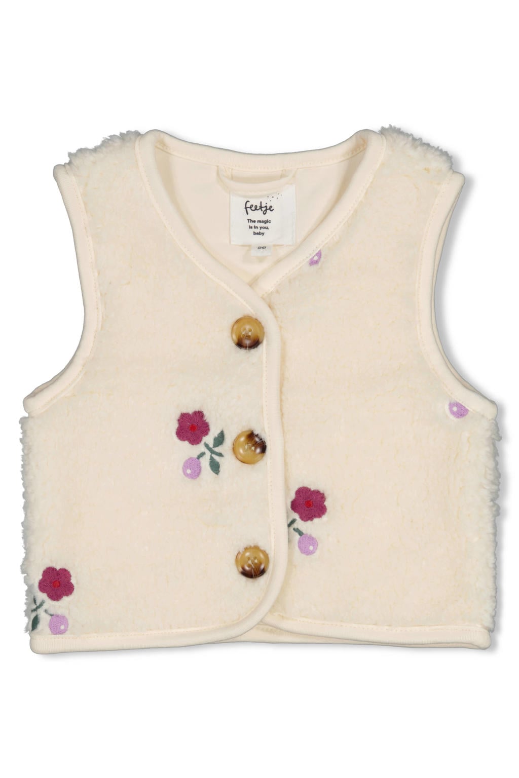 Crème, creme en lilakleurige meisjes Feetje teddy gilet Afternoon Tea berry met bloemenprint, V-hals, drukknoopsluiting en borduursels