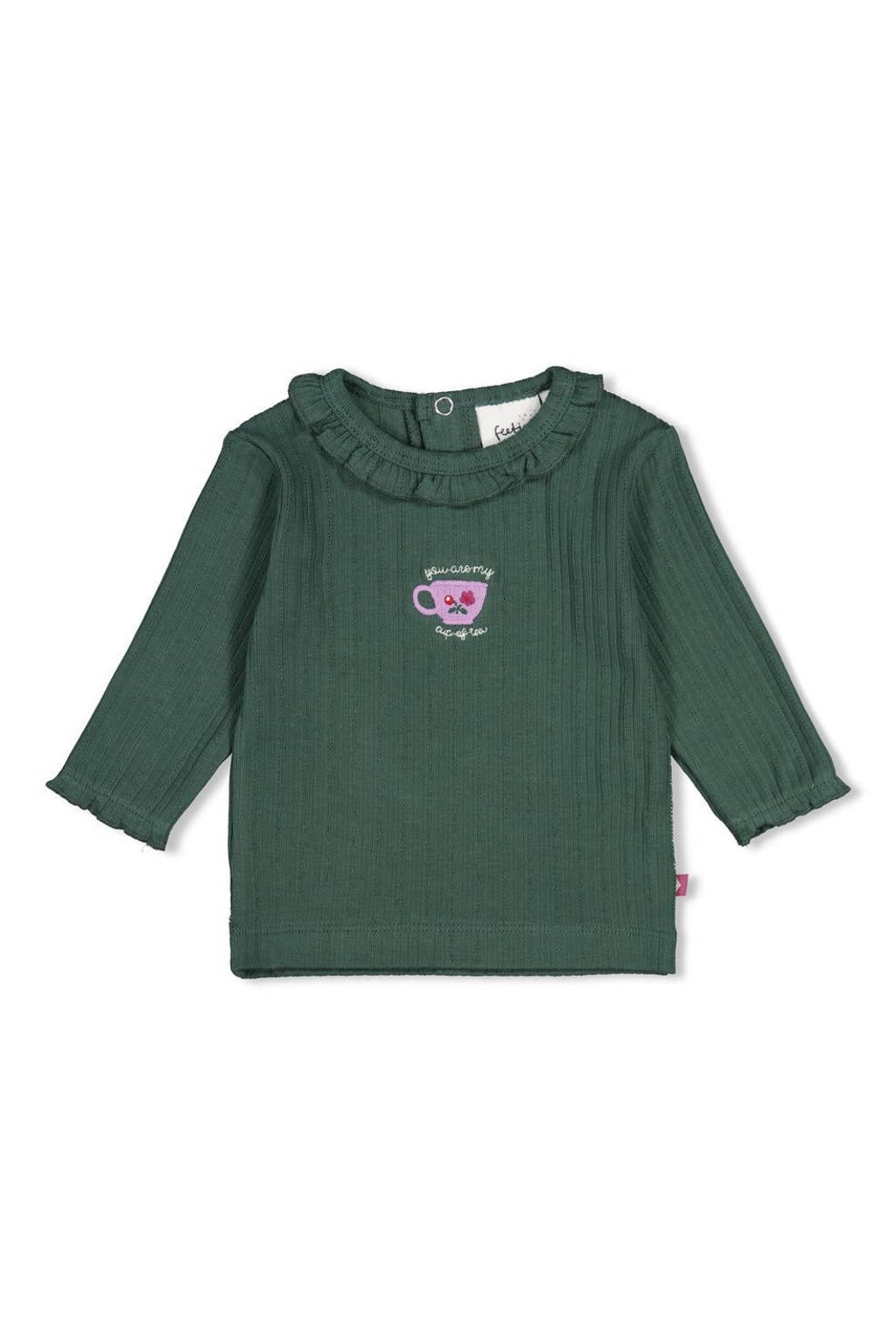 Groen en lilakleurige meisjes Feetje longsleeve Afternoon Tea van stretchkatoen met printopdruk, lange mouwen, ronde hals, drukknoopsluiting en ruches