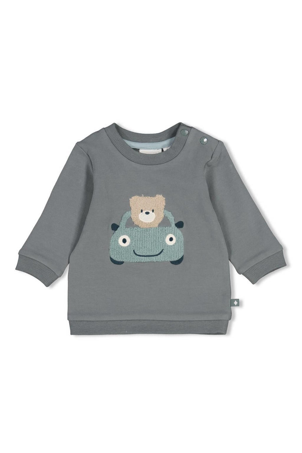 Groen, mintgroen en taupe jongens Feetje sweater Beep Beep van stretchkatoen met printopdruk, lange mouwen, ronde hals, drukknoopsluiting en patches