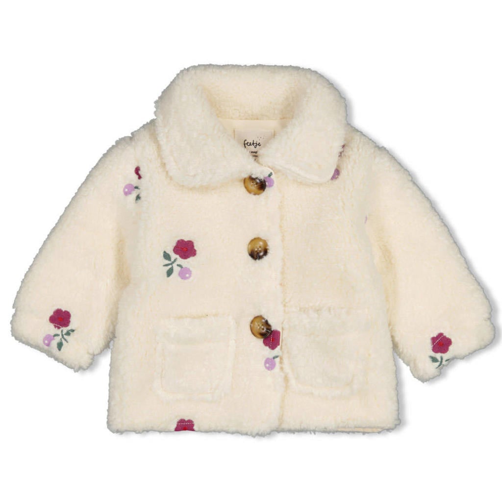 Crème, creme en lilakleurige meisjes Feetje teddy jas Afternoon Tea berry met bloemenprint, lange mouwen, knoopsluiting en borduursels