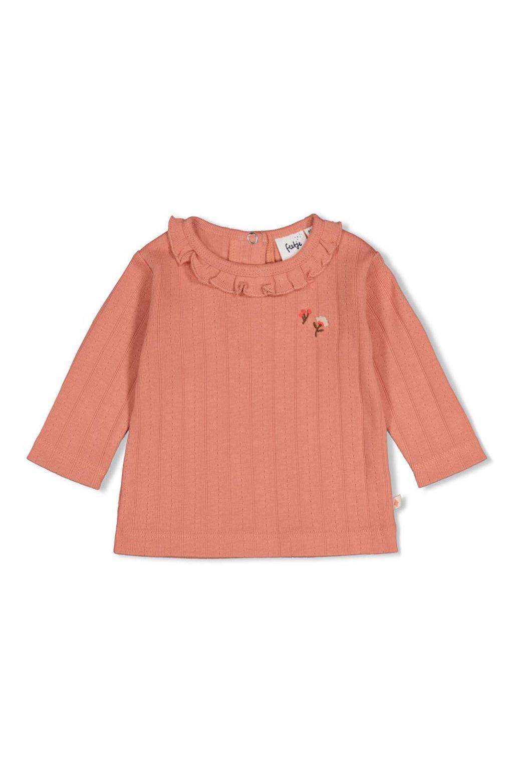 Zalmkleurige meisjes Feetje longsleeve Forest Garden van katoen met grafische print, lange mouwen, ronde hals, drukknoopsluiting en ruches