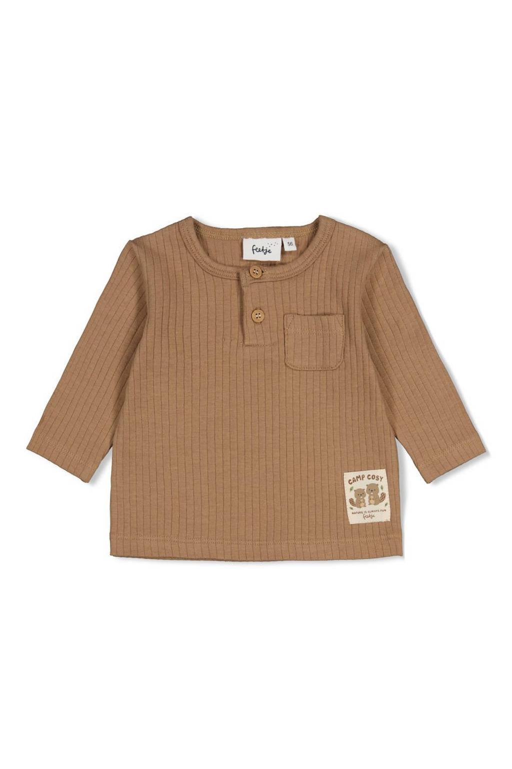 Camelkleurige jongens Feetje longsleeve Tiny Timber Tales van stretchkatoen met effen, lange mouwen en drukknoopsluiting