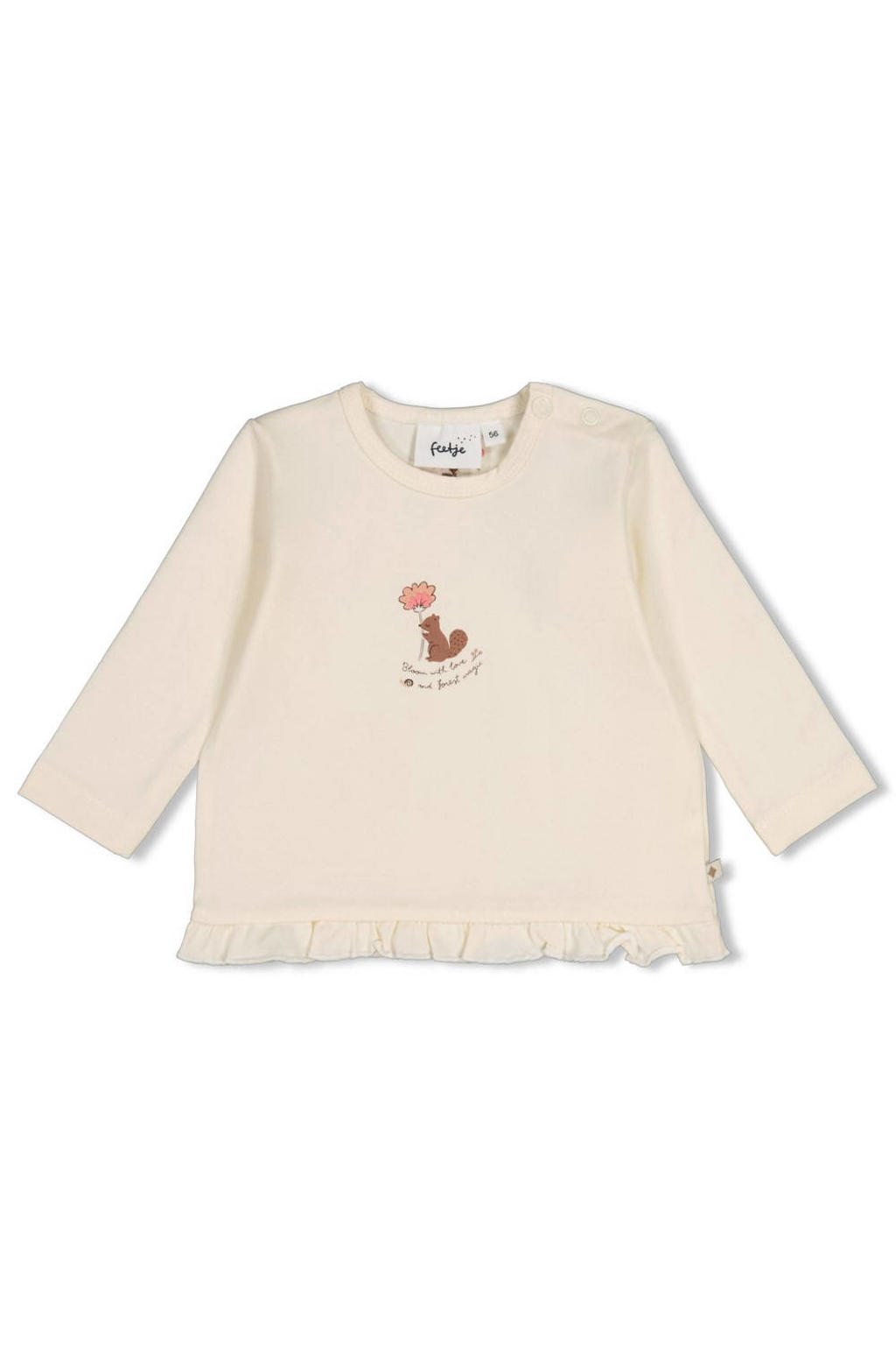 Ecru meisjes Feetje A-lijn longsleeve en print met lange mouwen, ronde hals, drukknoopsluiting en ruches
