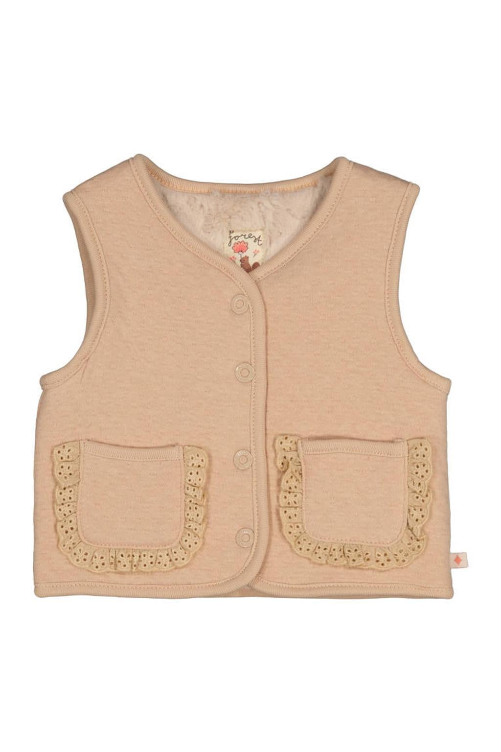 Beige en ecru meisjes Feetje reversible gilet Forest Garden van katoen met effen, ronde hals, drukknoopsluiting en kant