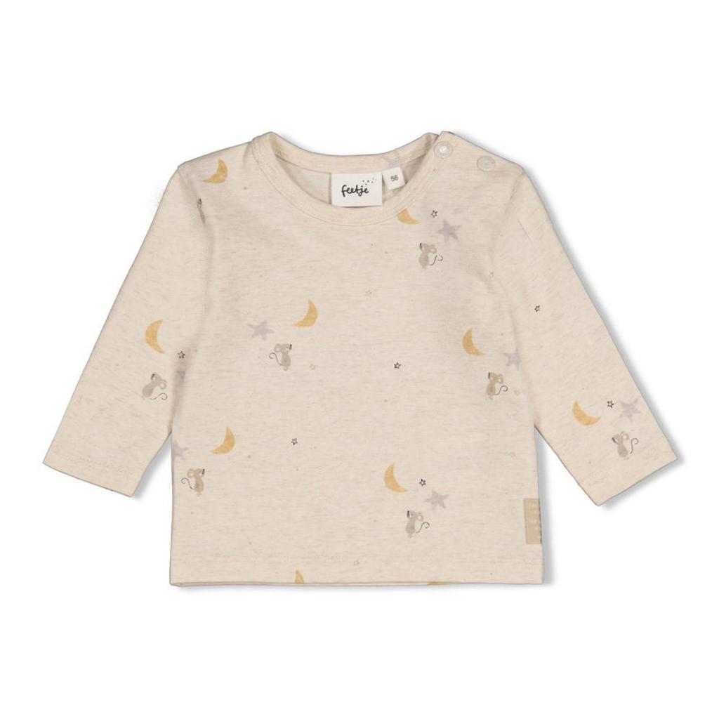 Beige en okergele jongens en meisjes Feetje longsleeve Over the Moon for You met lange mouwen, ronde hals en drukknoopsluiting