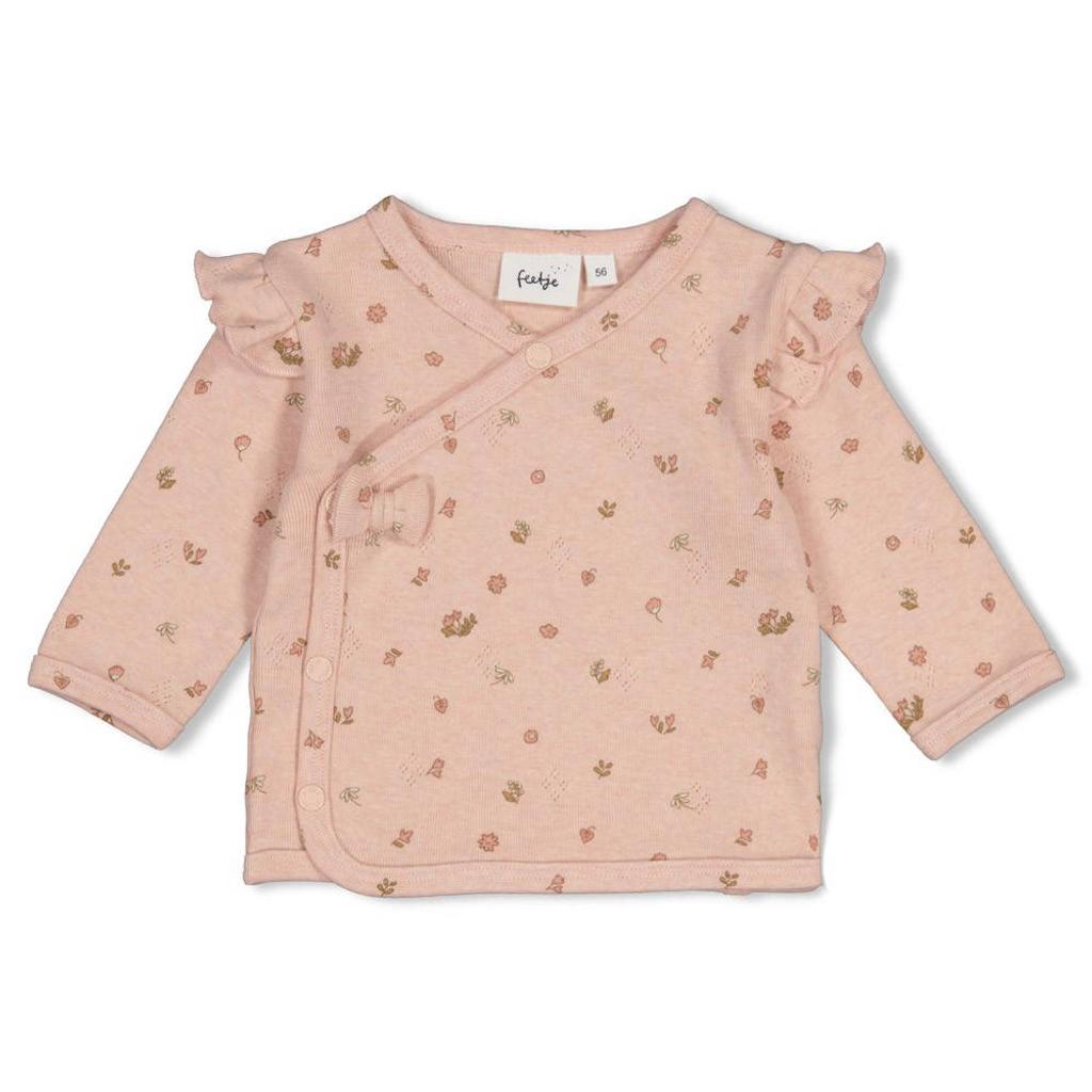 Lichtroze meisjes Feetje longsleeve Fall in Love met lange mouwen, V-hals, drukknoopsluiting en ruches