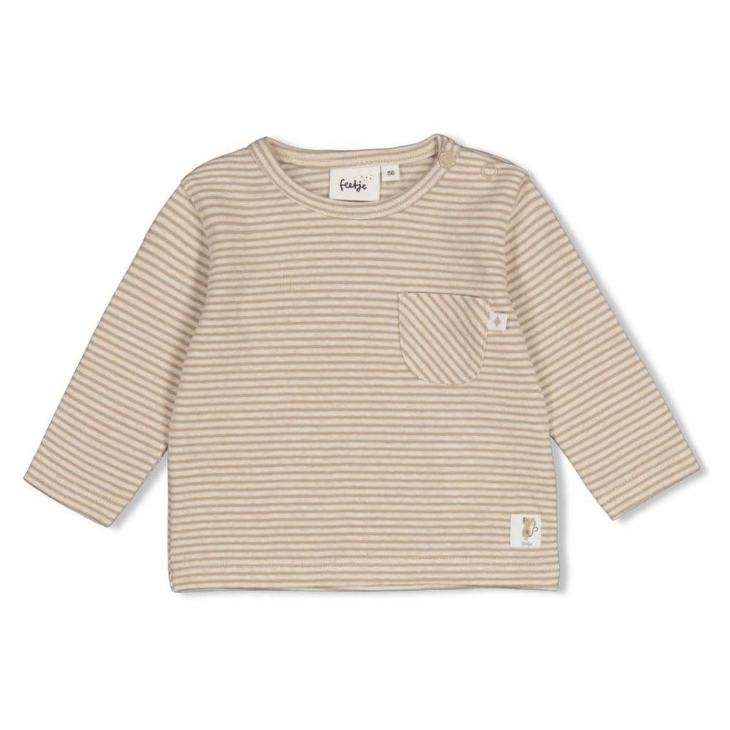 Taupe en beige jongens en meisjes Feetje longsleeve Over the Moon for You met lange mouwen, ronde hals en drukknoopsluiting