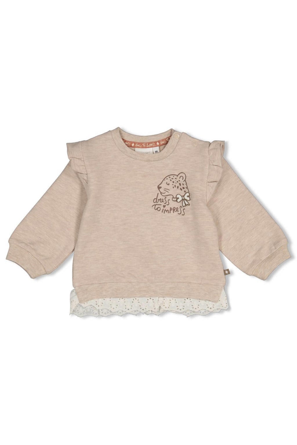 Taupe en bruine meisjes Feetje sweater Dress to Impress offwhite met lange mouwen, ronde hals, drukknoopsluiting en broderie