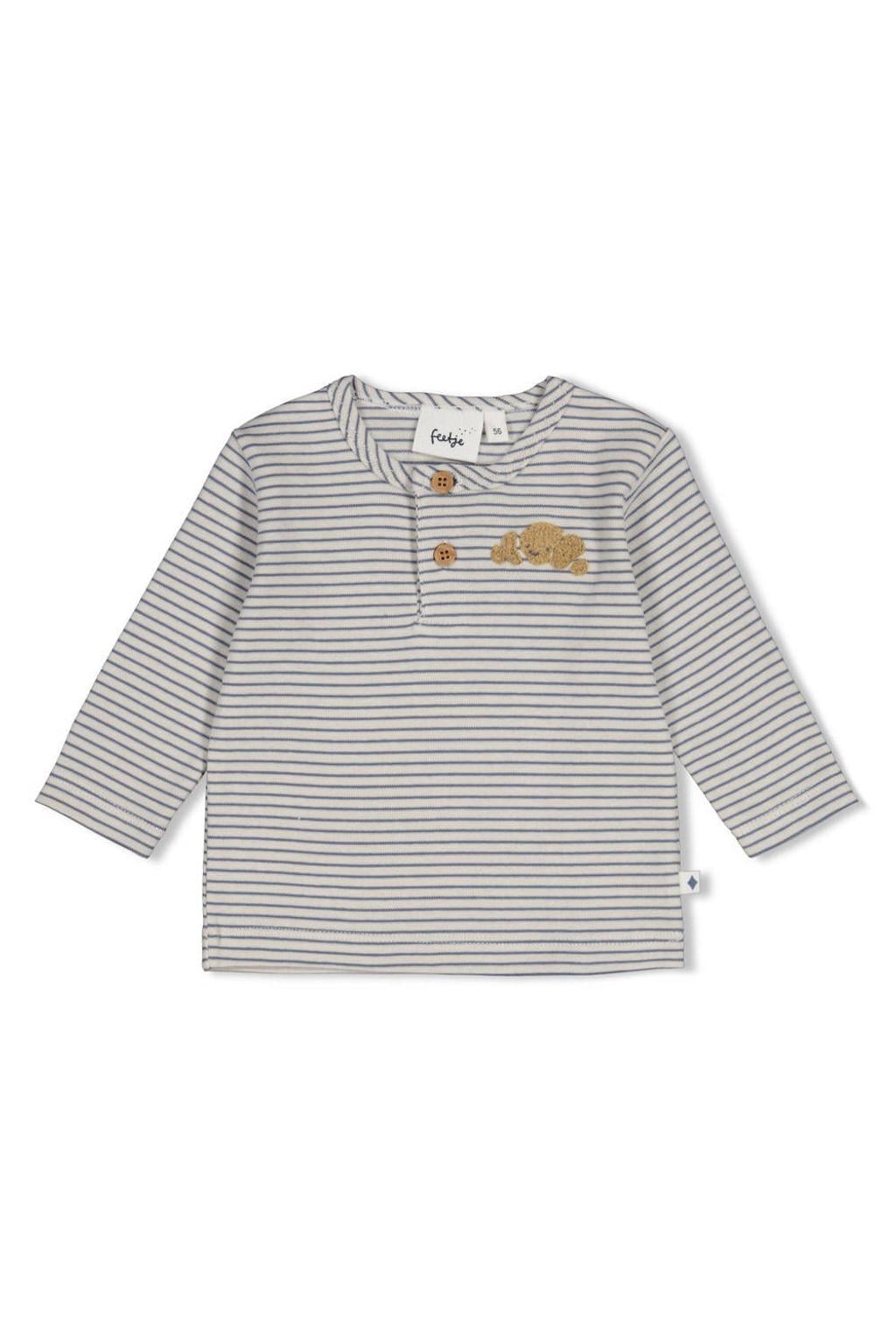 Blauw en ecru jongens Feetje longsleeve Breakfast Buddy van stretchkatoen met strepenprint, lange mouwen, ronde hals en knoopsluiting
