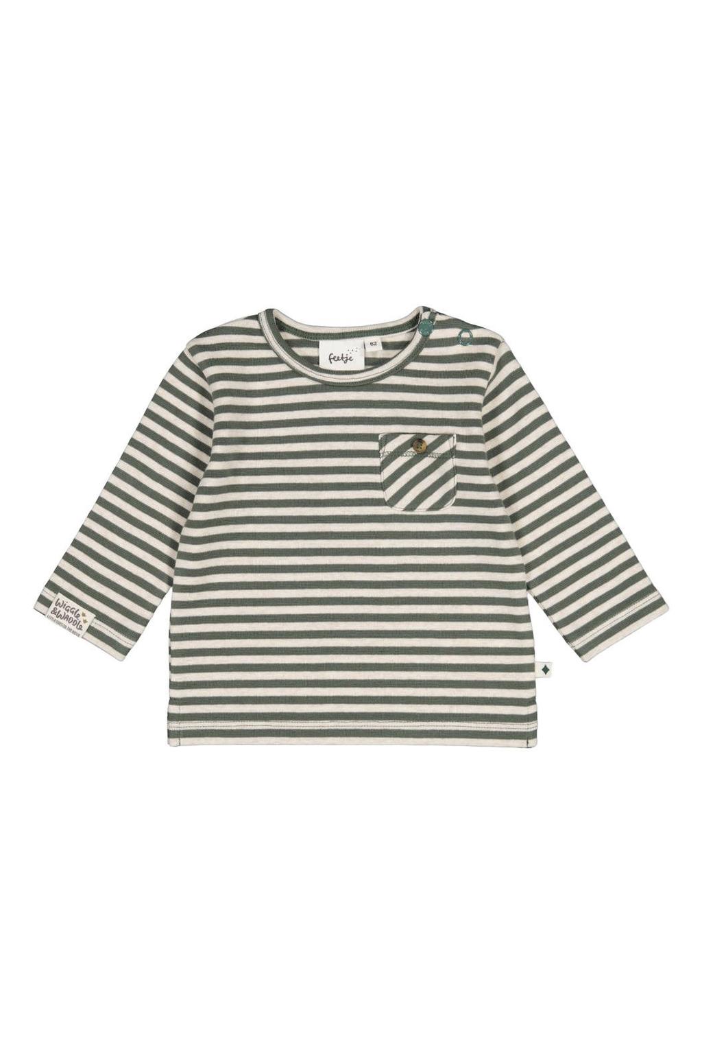Groen en ecru jongens Feetje longsleeve Wiggle and Waddle van katoen-polyester met strepenprint, lange mouwen en drukknoopsluiting