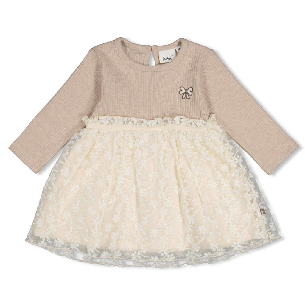 Taupe en ecru meisjes Feetje jurk Dress to Impress van katoen-polyester met meerkleurige print, lange mouwen en ronde hals
