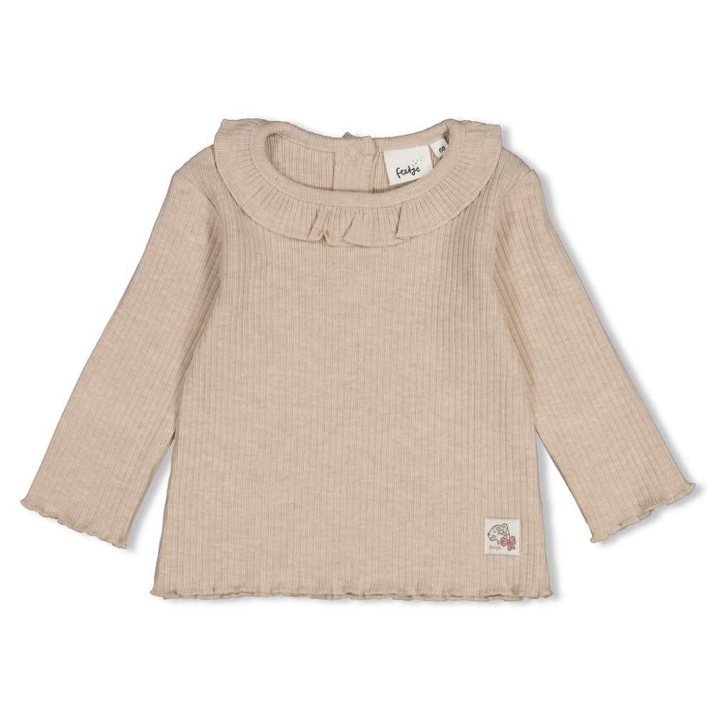 Taupe meisjes Feetje longsleeve Dress to Impress van katoen-polyester met effen, lange mouwen, ronde hals, drukknoopsluiting en ruches