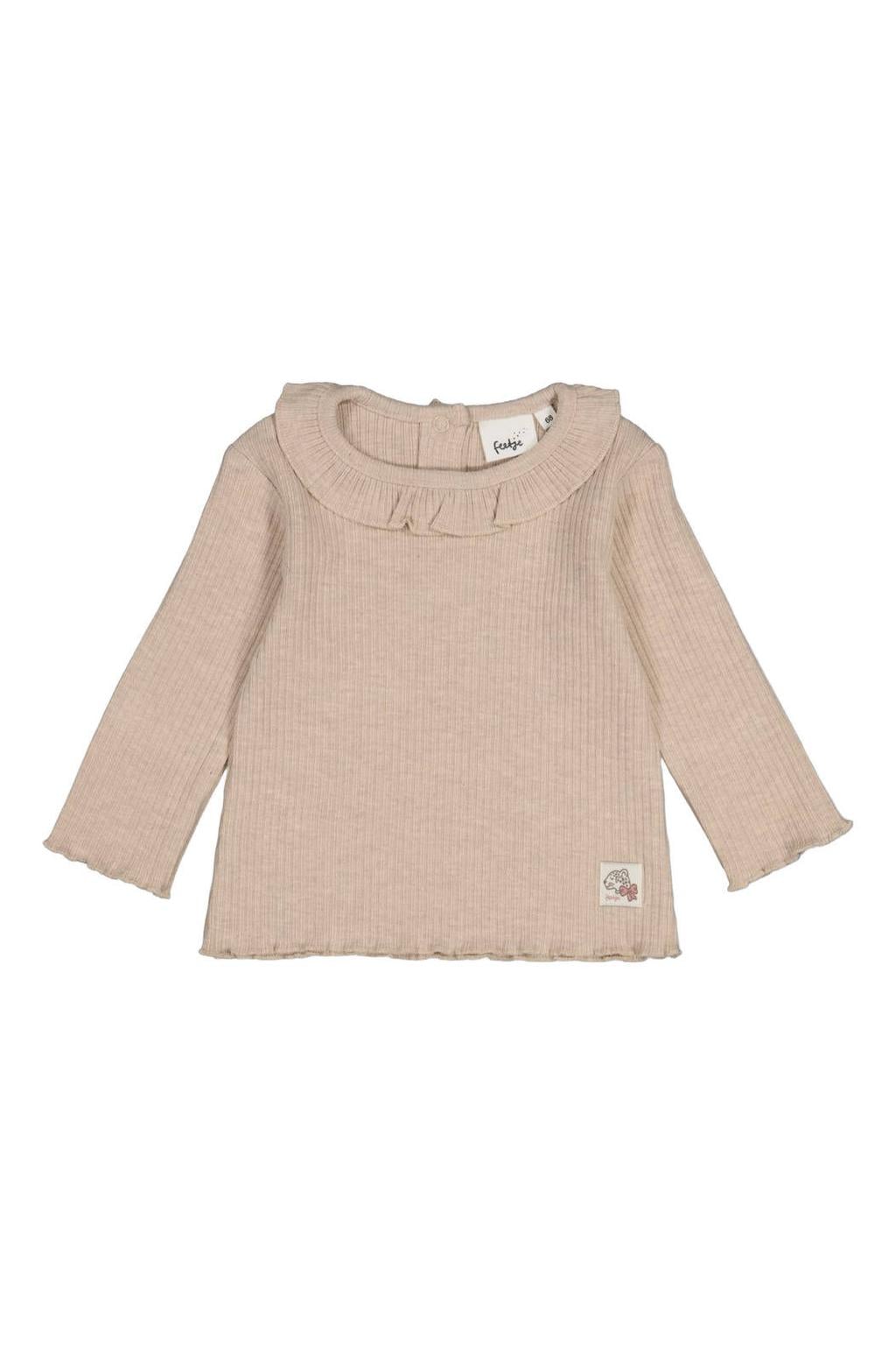 Taupe meisjes Feetje longsleeve Dress to Impress van katoen-polyester met effen, lange mouwen, ronde hals, drukknoopsluiting en ruches