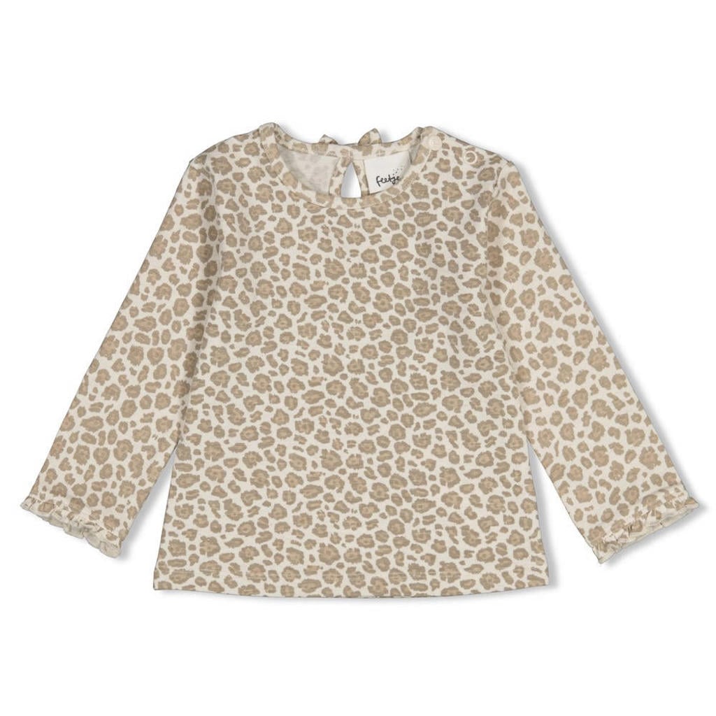 Ecru en lichtbruine meisjes Feetje longsleeve Dress to Impress offwhite van katoen-polyester met lange mouwen, ronde hals, drukknoopsluiting en ruches