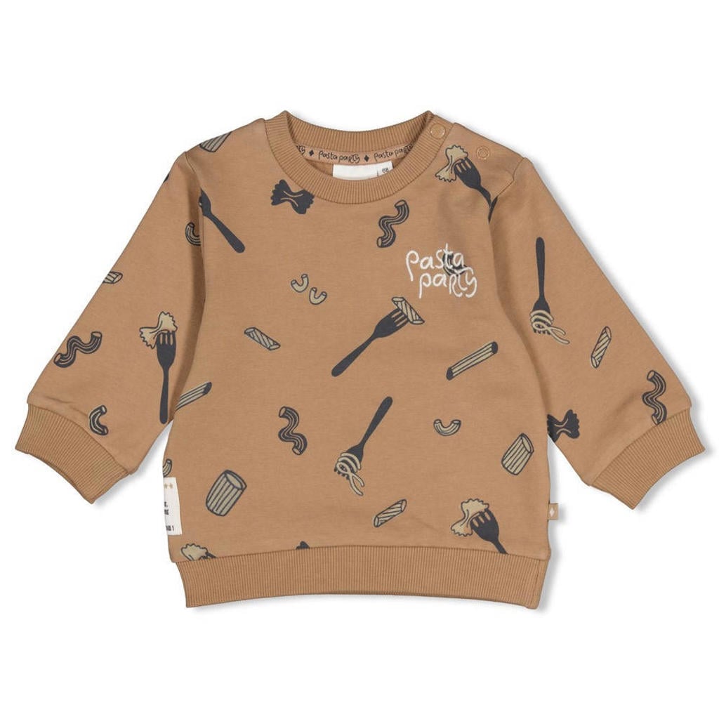 Camelkleurige jongens Feetje sweater van stretchkatoen met lange mouwen, ronde hals en drukknoopsluiting