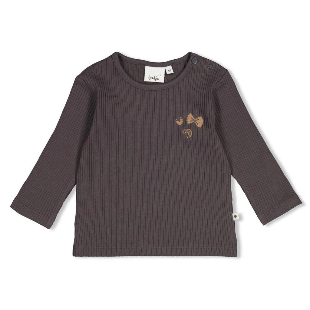 Antraciete jongens Feetje longsleeve Pasta Party van stretchkatoen met printopdruk, lange mouwen, ronde hals en drukknoopsluiting