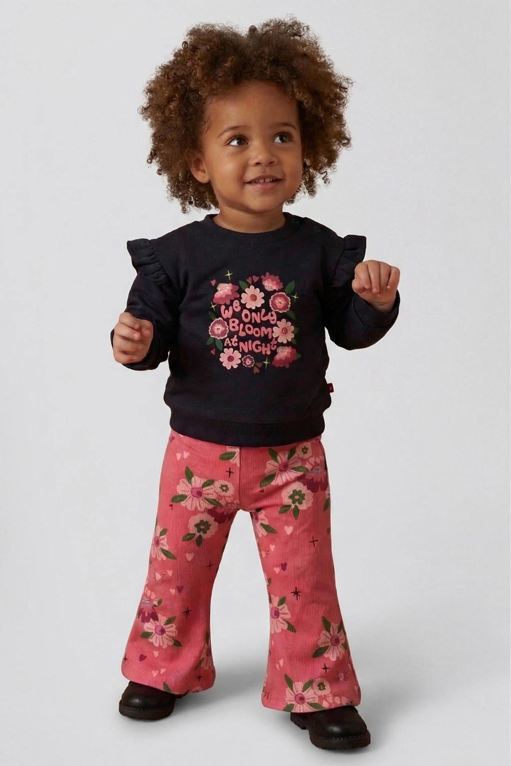 Roze, lichtroze en groene meisjes Feetje flared broek Moon Flower van stretchkatoen met regular waist, elastische tailleband en bloemenprint