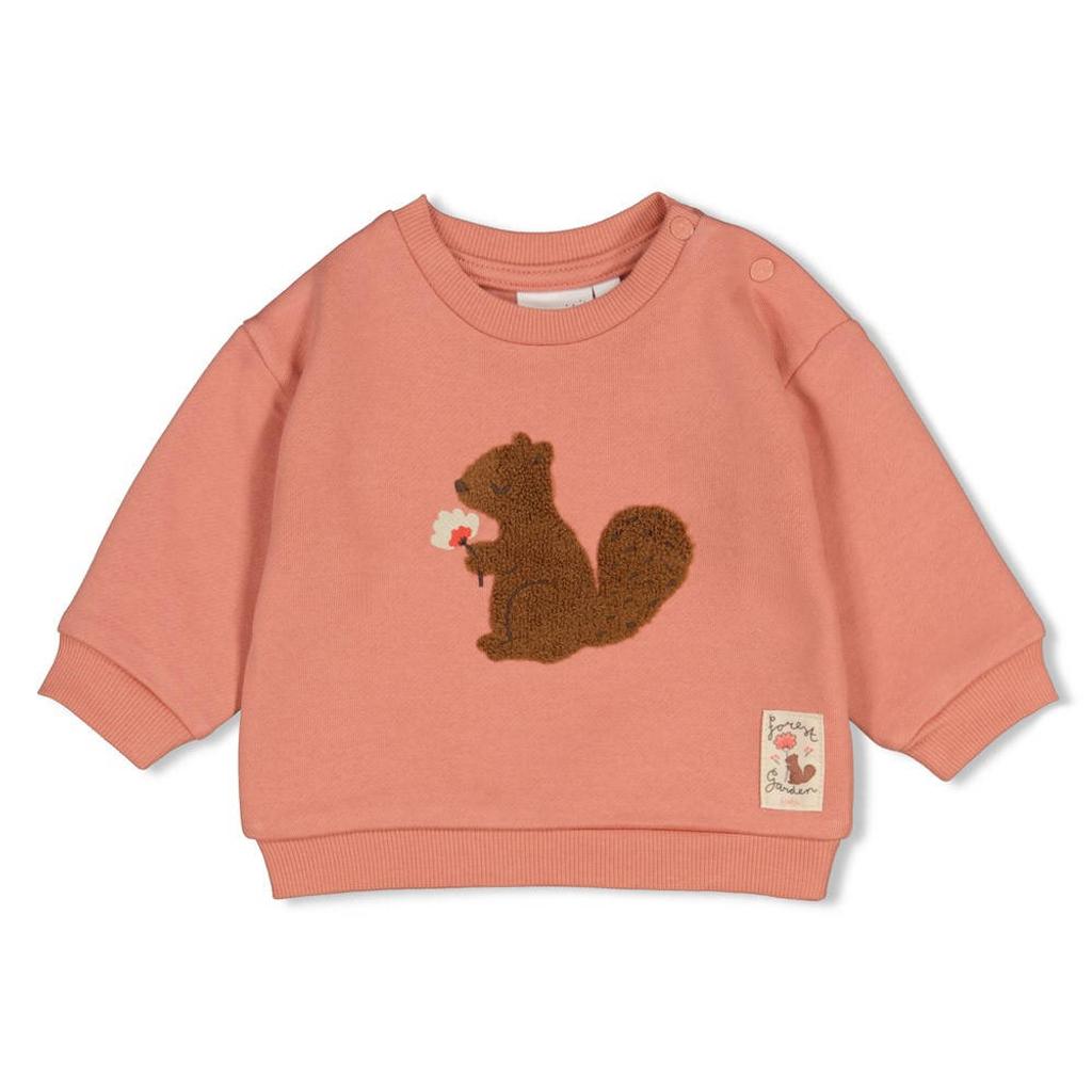Zalm en bruine meisjes Feetje sweater Forest Garden met printopdruk, lange mouwen, ronde hals en drukknoopsluiting